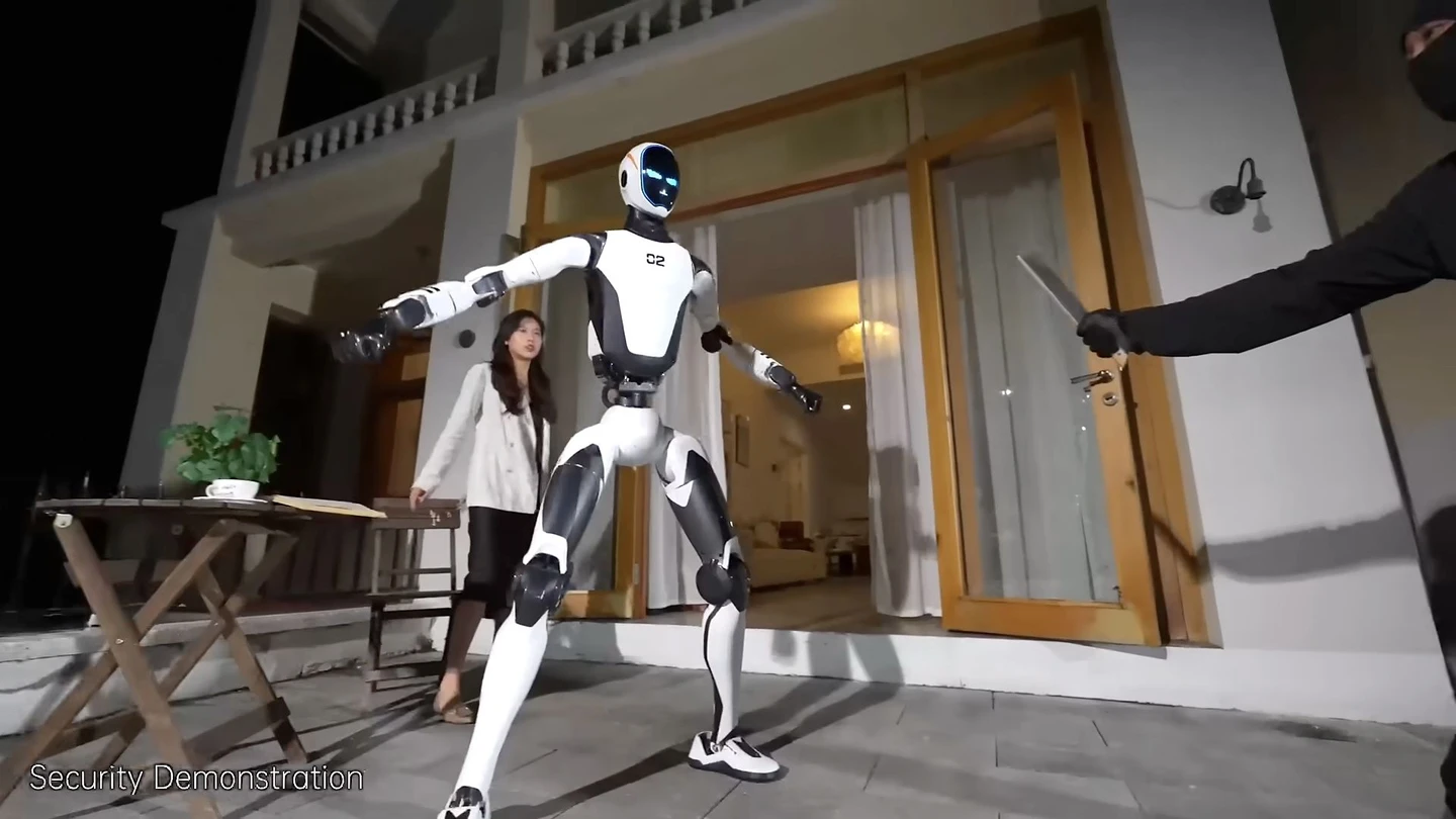 Unitree H2-X standing between a woman and a threatening figure in the manufacturer's staged security demonstration.