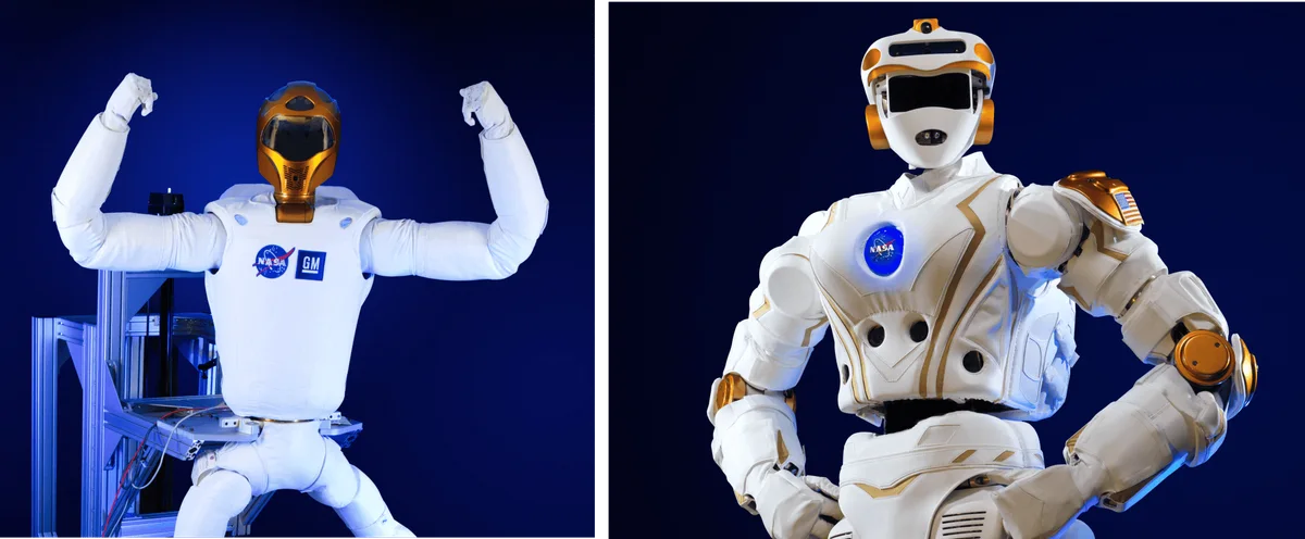 NASA’s Robonaut 2 on the left and Valkyrie on the right, against a blue background